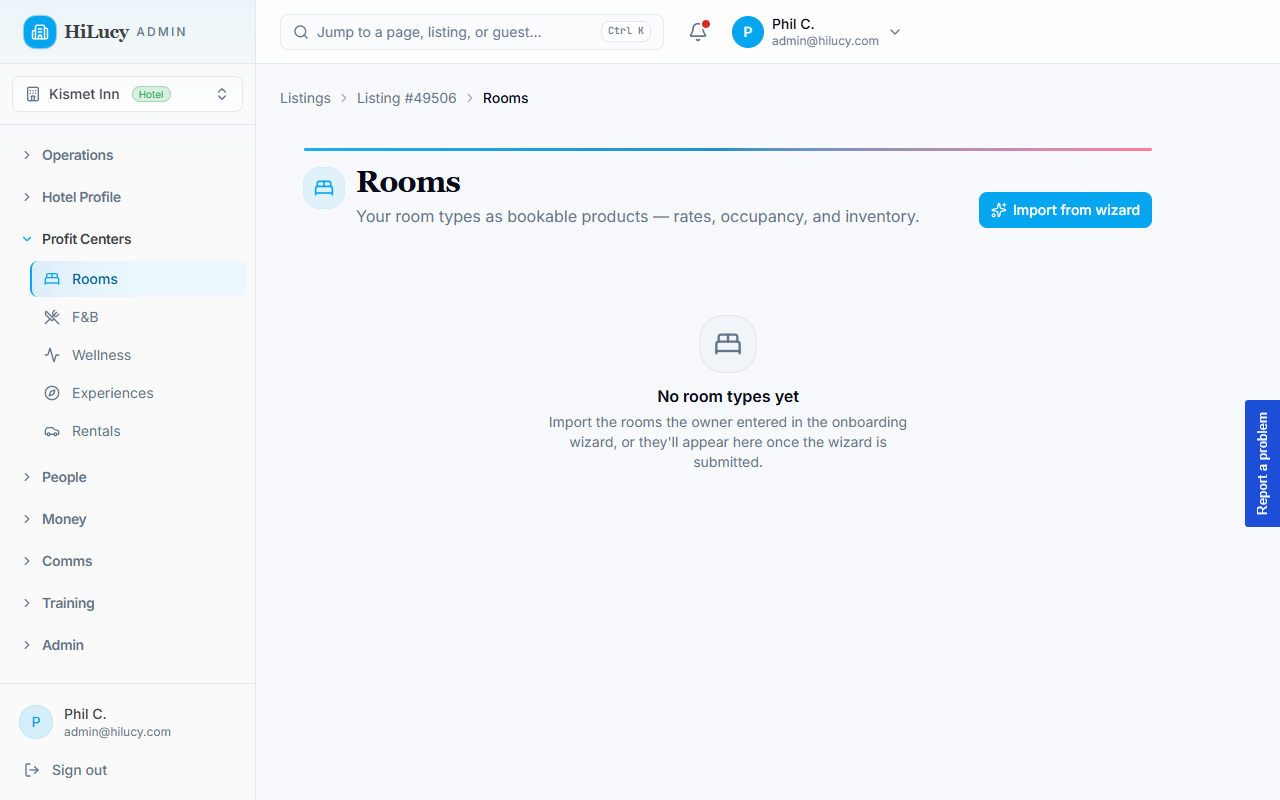 The Rooms tab showing room-type cards with rates and occupancy
